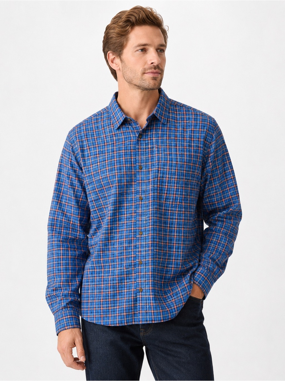 Eddie Bauer Men’s 2XL Relaxed Fit Blue Plaid 100% Cotton Button Down Shirt